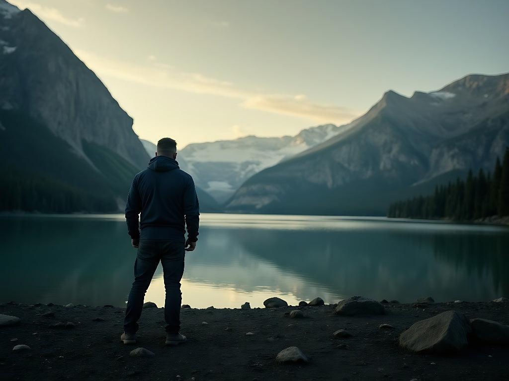 A lone figure at dawn overlooking a still mountain lake — Forged in Fire Part 2