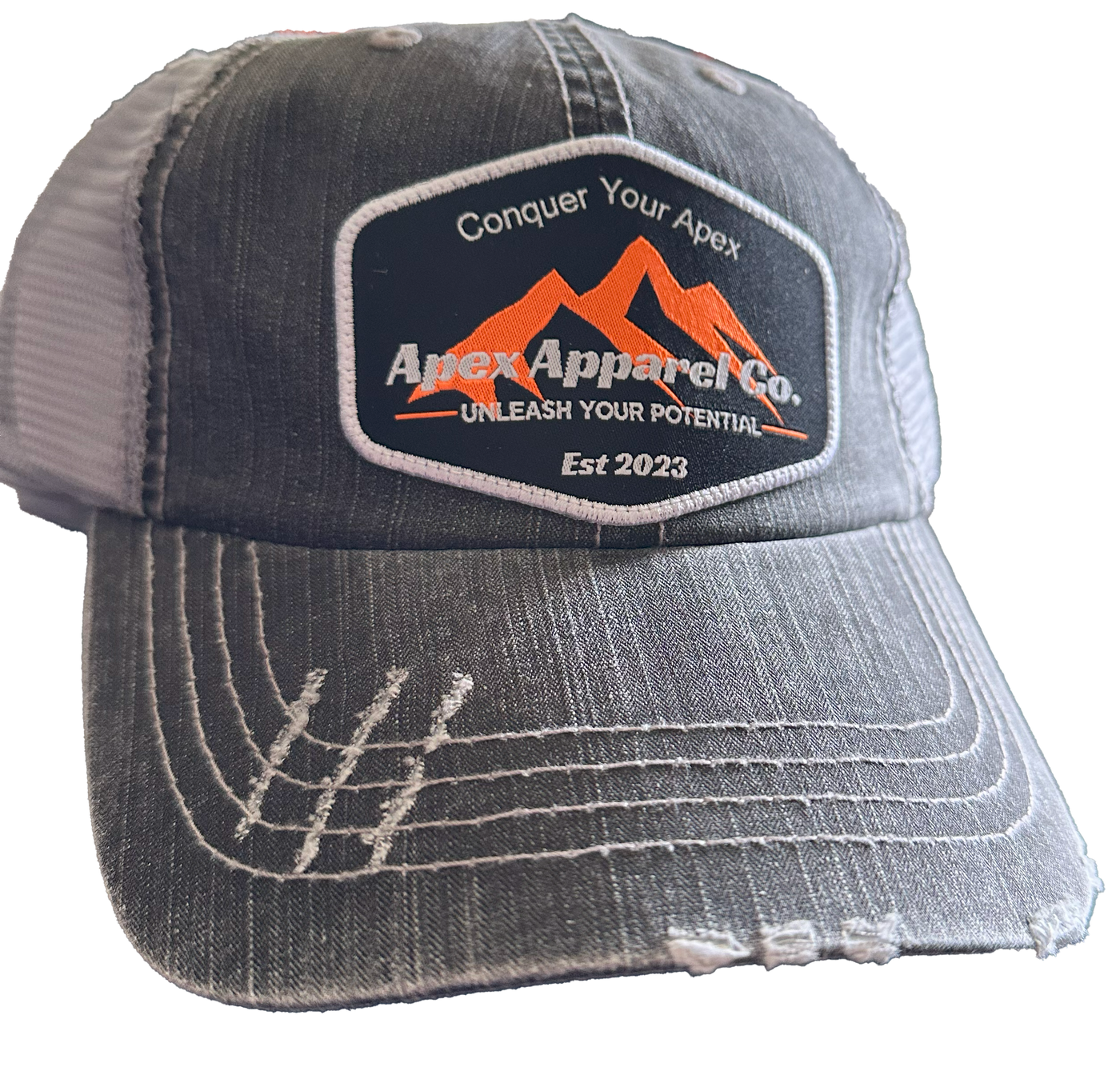 Black and gray low profile trucker hat by Apex Apparel Co featuring a herringbone pattern.